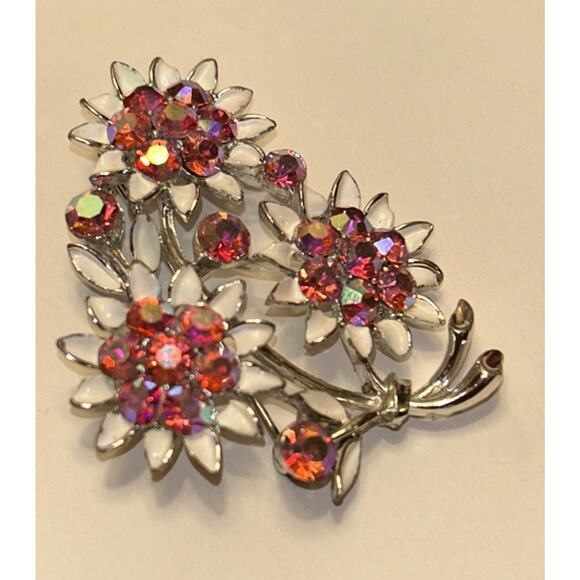 Vintage Lisner Brooch Aurora Borealis Stones Flower Bouquet silver enamel sign - Picture 3 of 5